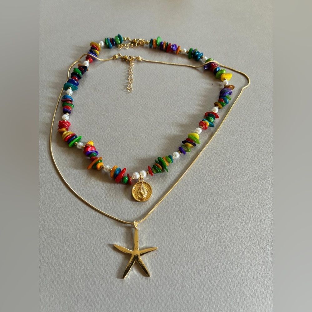 Gold starfish Colorful Beaded Necklace M559 - Picture 3 of 4